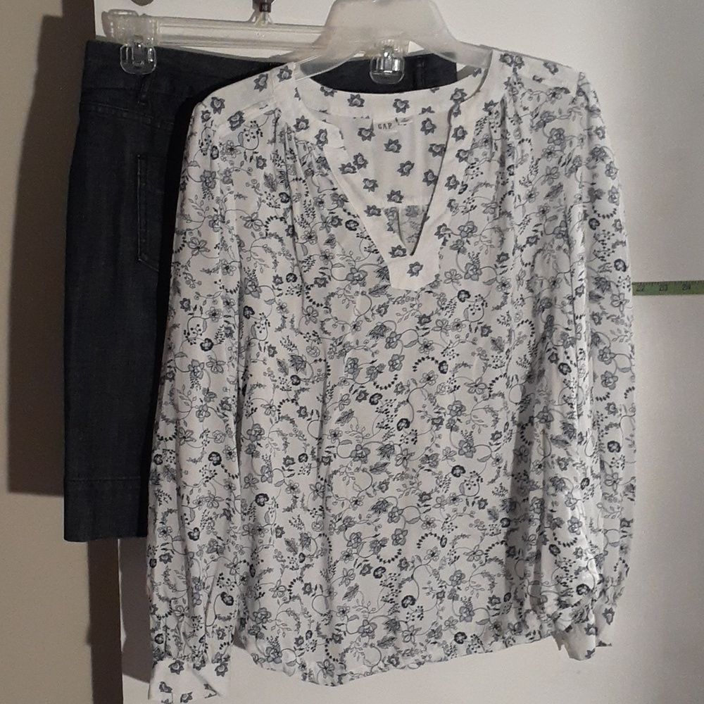 Gap top s summer white blue floral boho peasant top shirt modal blouse
